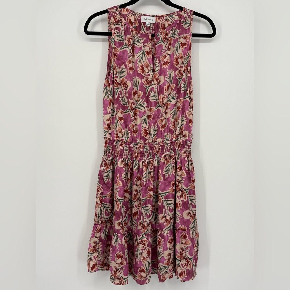 EVEREVE Dress Floral Pink Sleeveless Smocked Waist Tiered Mini Women’s Small